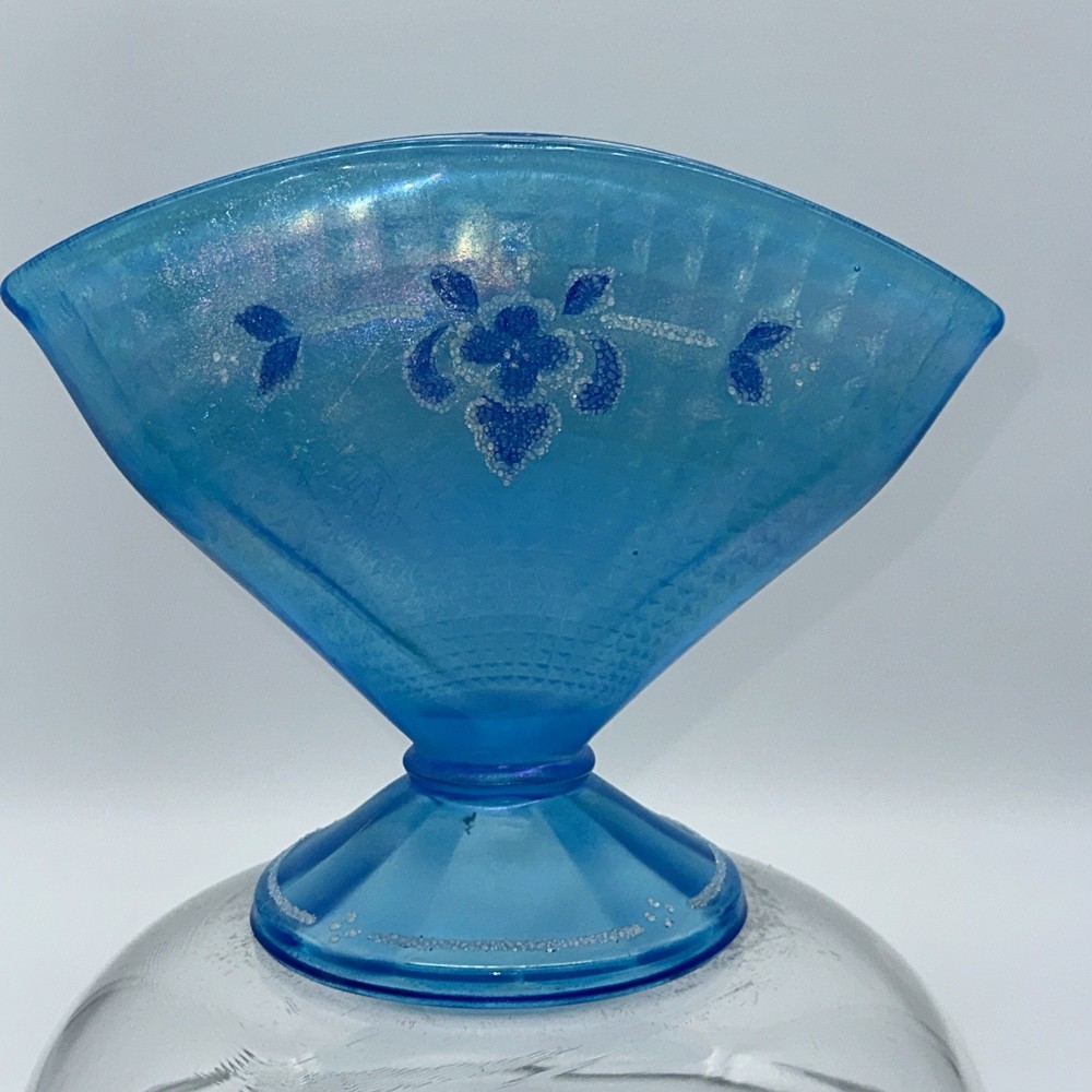 Vtg Fenton 90th Anniversary Celeste Blue Stretch Fan Vase W/ Coralene Beads-EUC
