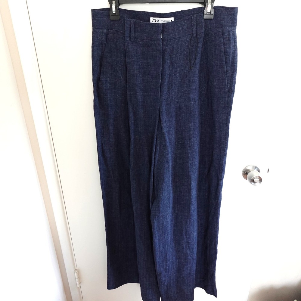 Zara 100% Linen Blue Wide Leg Pants Trousers Size L Lagenlook Casual Minimalist