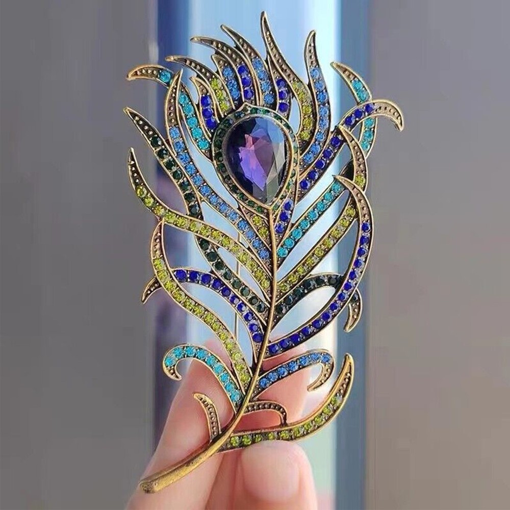 Gorgeous Peacock Feather Gold-tone Blue Rhinestone Crystal Brooch Pin Gift US