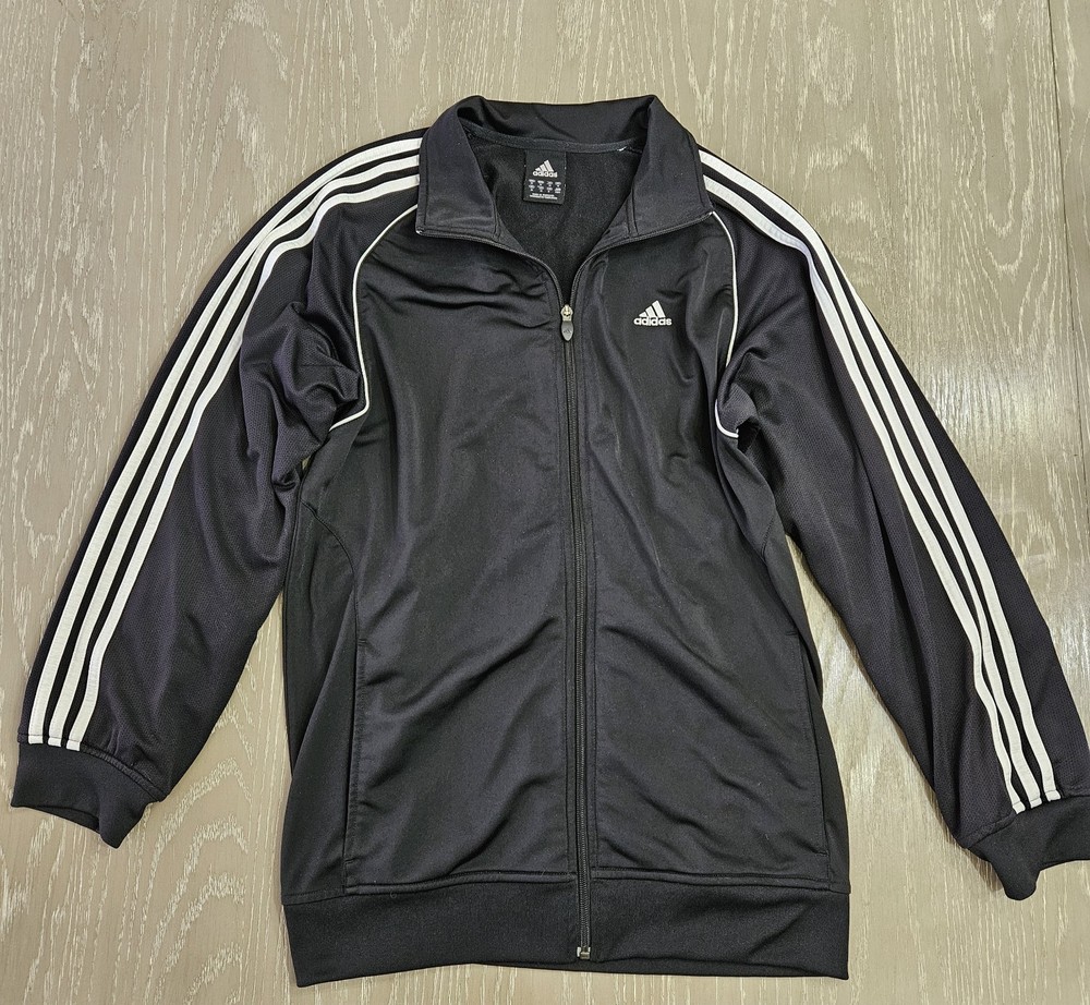 Adidas ClimaLite Mens Size Medium Full Zip Black Sweatshirt Striped Sleeves