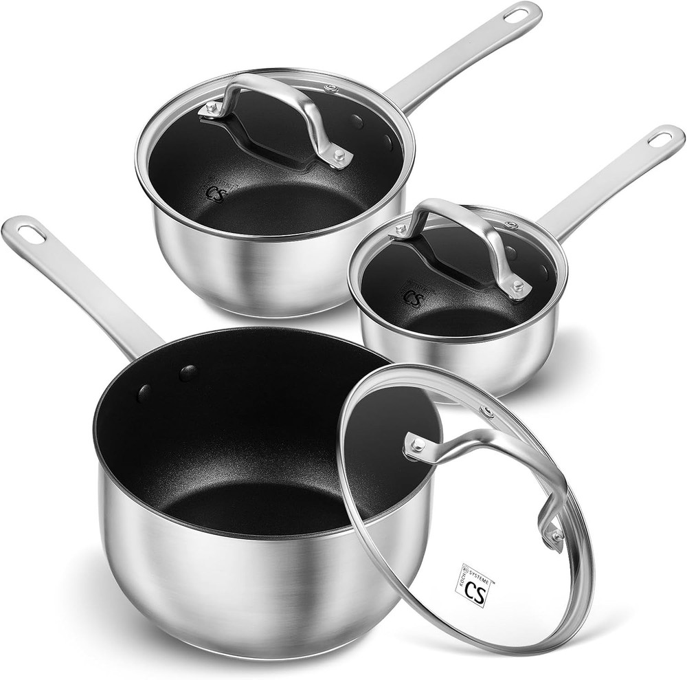 Stainless Steel Saucepan Set, 1 QT & 2 QT & 3 QT Saucepans with Glass Lids...