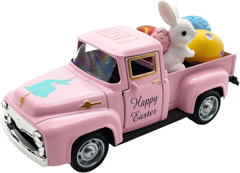 Easter Decorations - Mini Pink Metal Truck with Easter Eggs & Bunny, Easter Tier