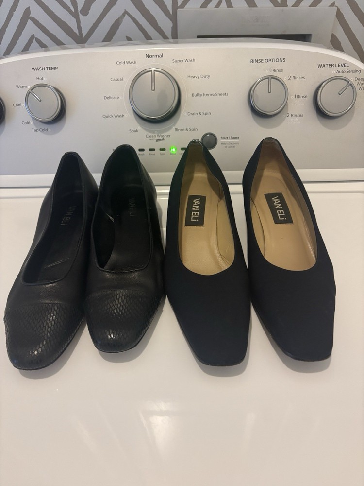 Vaneli Black Leather Square Toe Cap Toe Slip On Flats Women's Size 8.5N