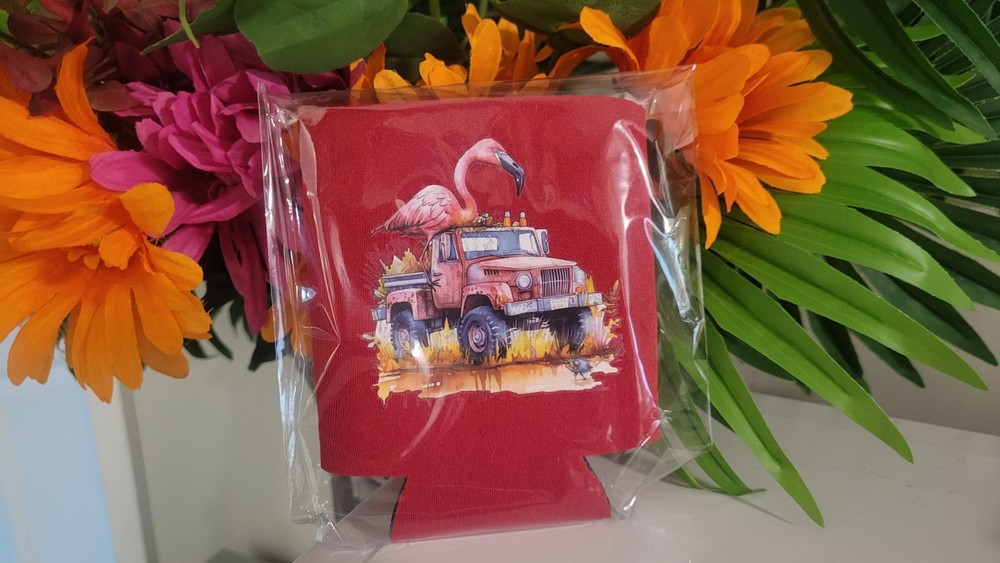 Flamingo design red 12oz can cooler sleeve