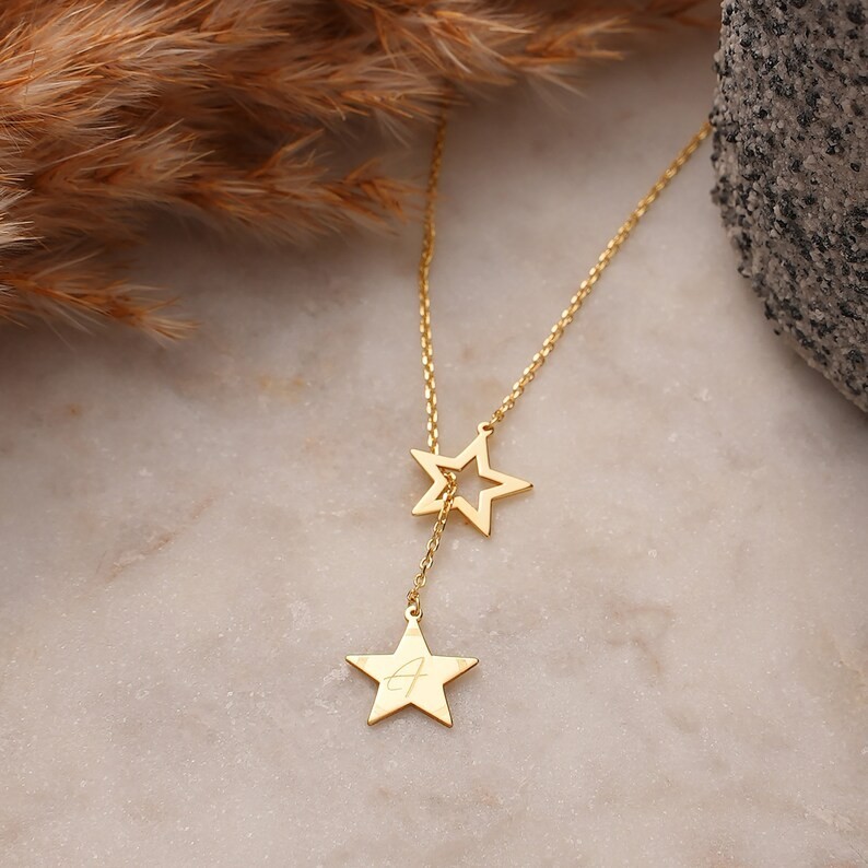 14k Gold Minimalist Initial Star Lariat Necklace Customizable