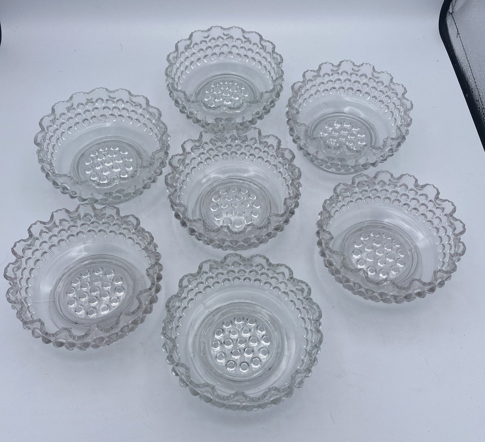 Vintage EPG Hobnail Pedestal Dessert Bowls with Scalloped Edge Clear Glass 7pc Set