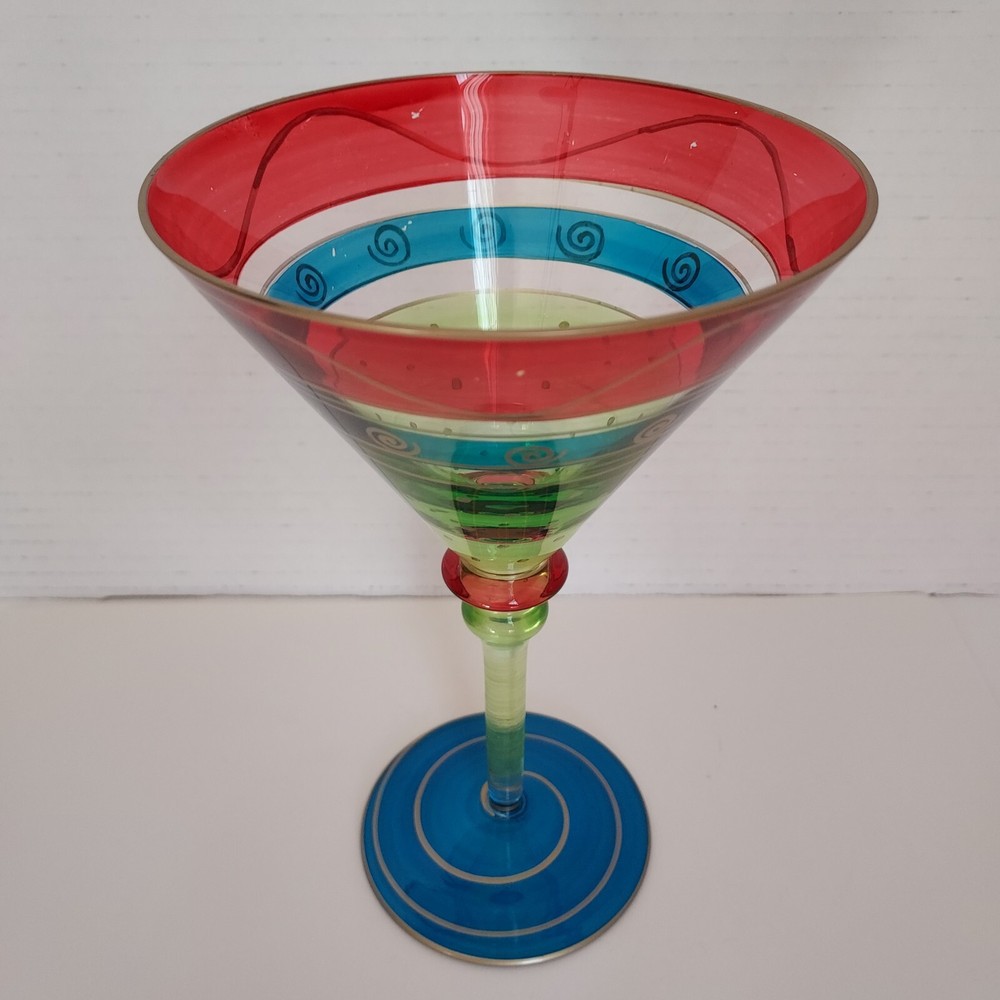 Pier 1 Martini Blown Glass Hand Painted Bands Festive Red Blue Green w/Gold Trim