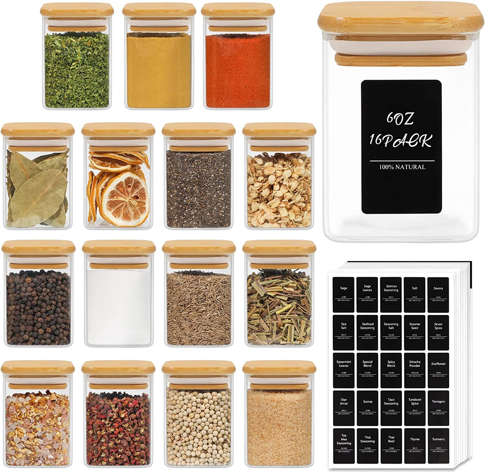 16Pcs 6Oz Square Glass Spice Jars with Bamboo Lids & 2 Labels - Airtight Containers