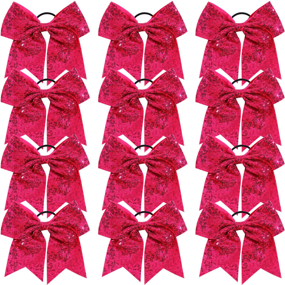 12 Pcs Large Glitter Cheer Bows Hair Ties 8 Inch for Girls