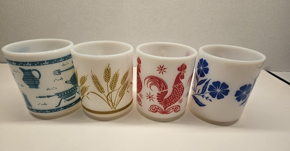 Set of 4 Hazel Atlas Milk Glass Mug Coffee Cup Vintage 50s Red Blue Gold Green