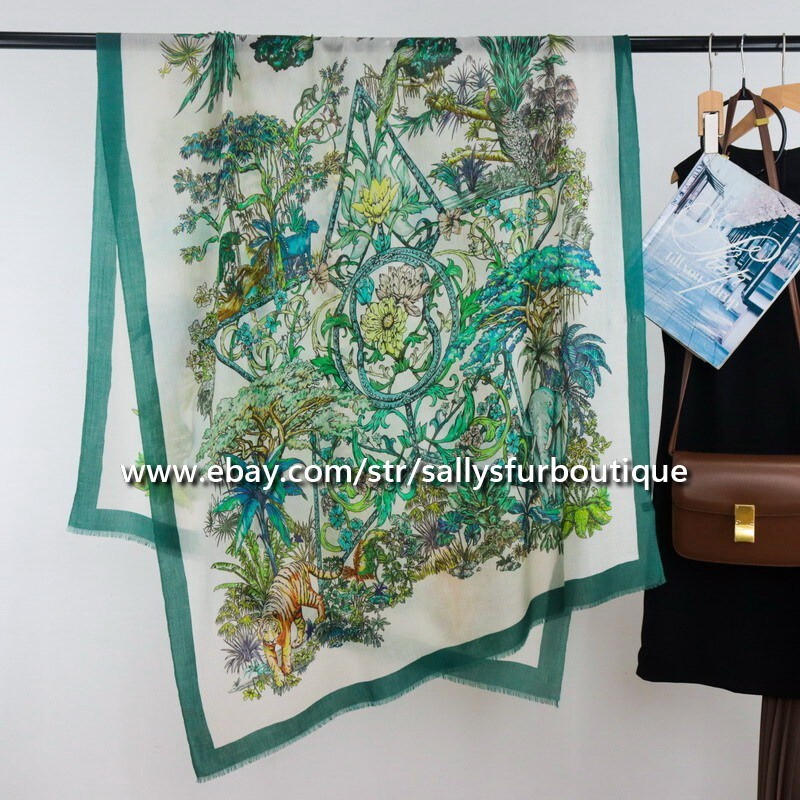 Sallys 200s Cashmere Thin Scarf Wrap Shawl Star Jungle Print 78x39 Inches
