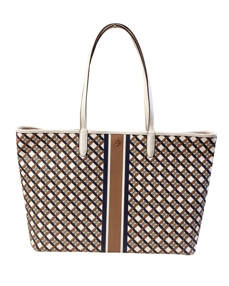 NEW Tory Burch Ella Tote Bag Large Ivory Multi Geo Logo Stripe Canvas NWT