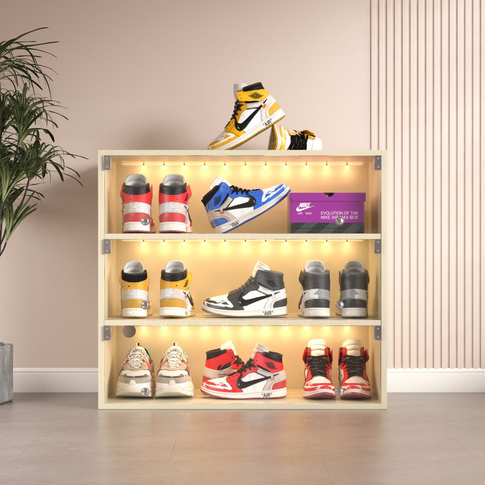 Three-tier glass-door shoe cabinet with LED lighting