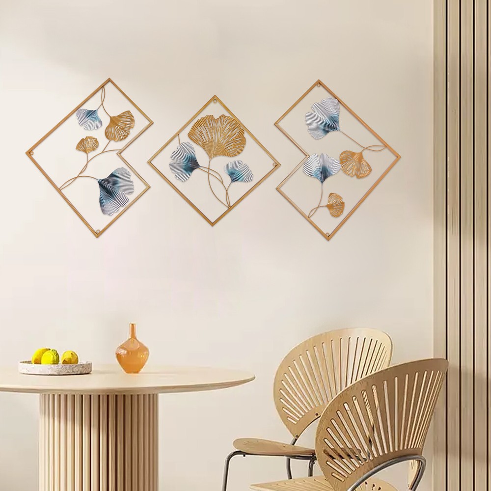 3Pcs 164x70.5cm 3D Ginkgo Metal Wall Art Decor in Gold & Blue