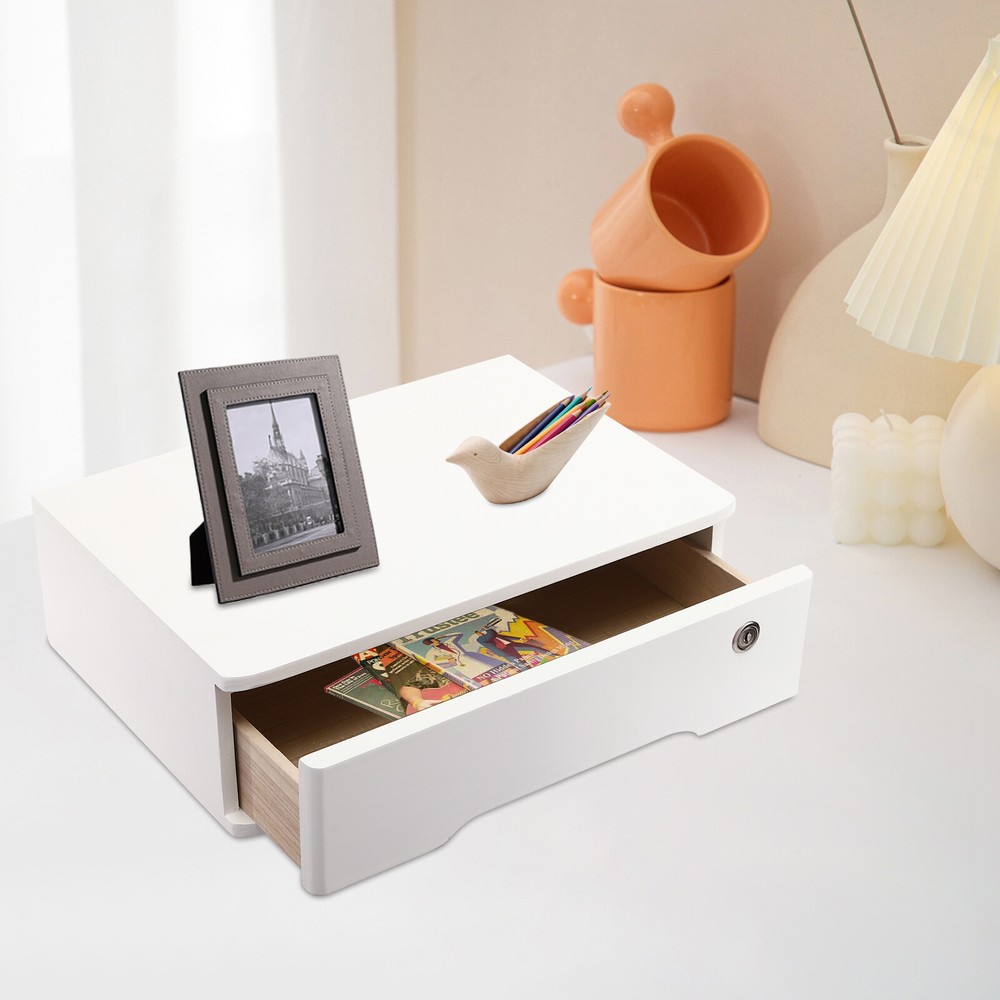 Desktop Storage Box with Lockable Drawer Office Supplies Drawer Organizer White