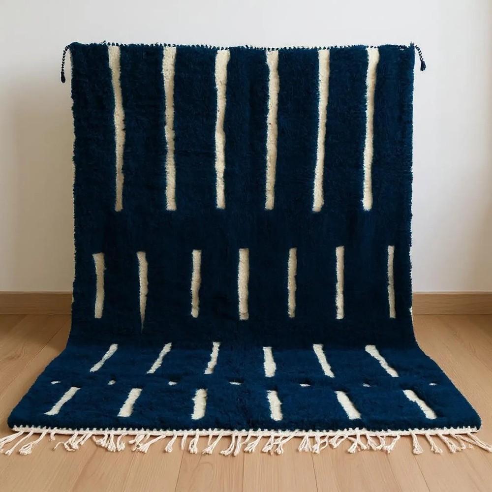 Color Blue Moroccan Berber Beni Ourain Wool Rug Design Handmade Carpet Area Rug