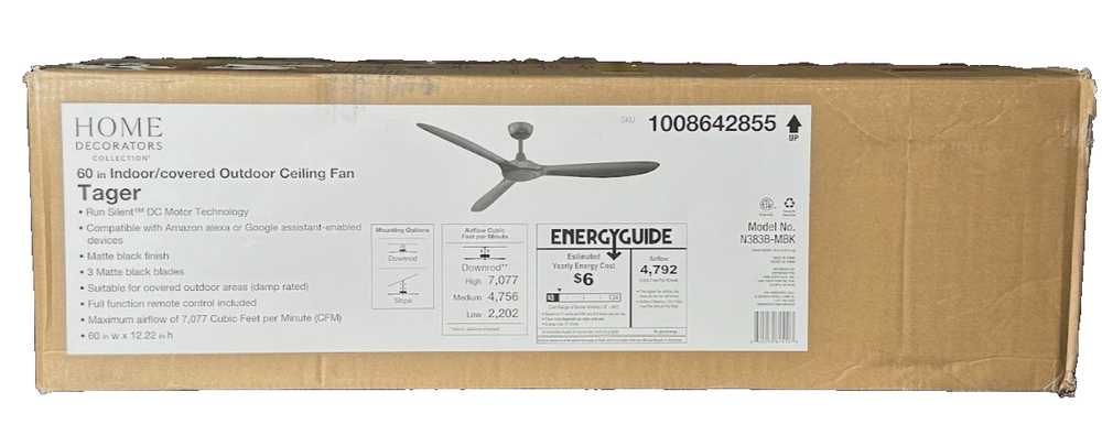 Home Decorators Tager 60 in. Indoor/Outdoor Black Ceiling Fan w/ Remote Hubspace