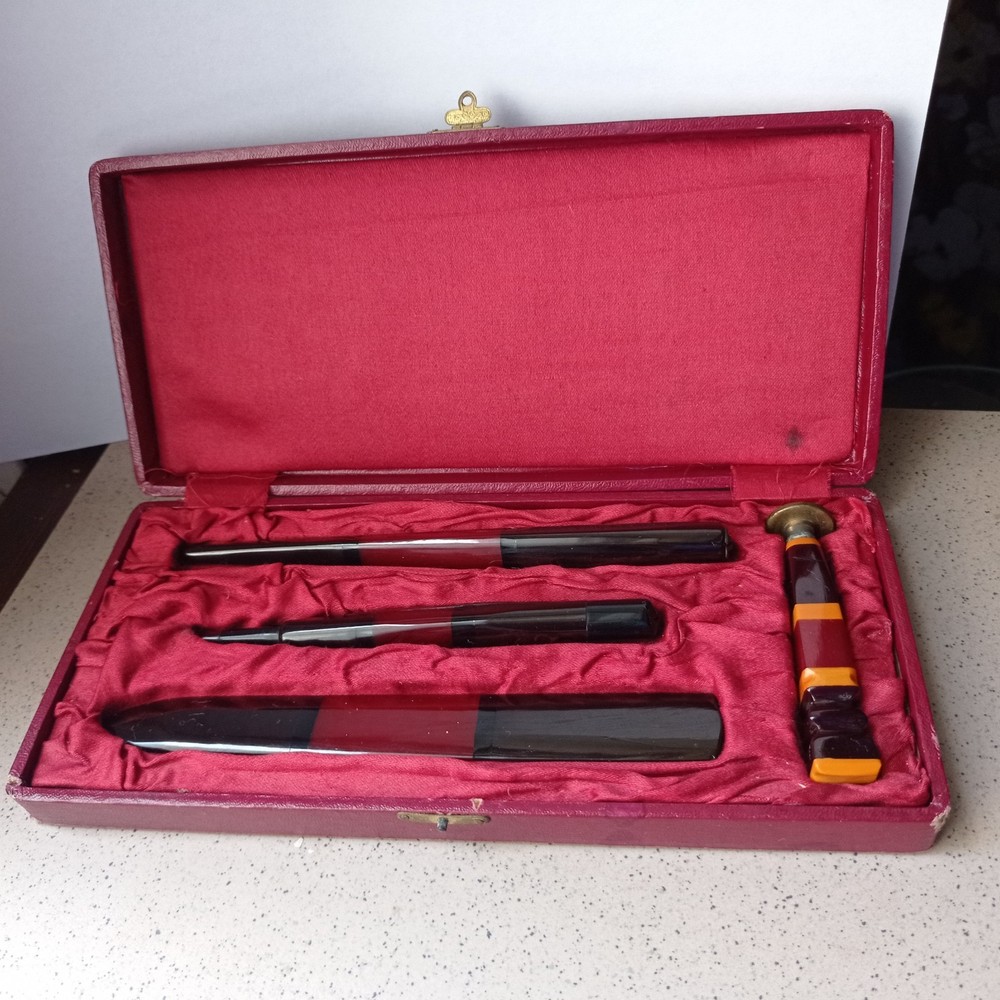 VINTAGE Art Deco Catalin Bakelite Writing Scrbe Set 4 pc Cased Letter Opener