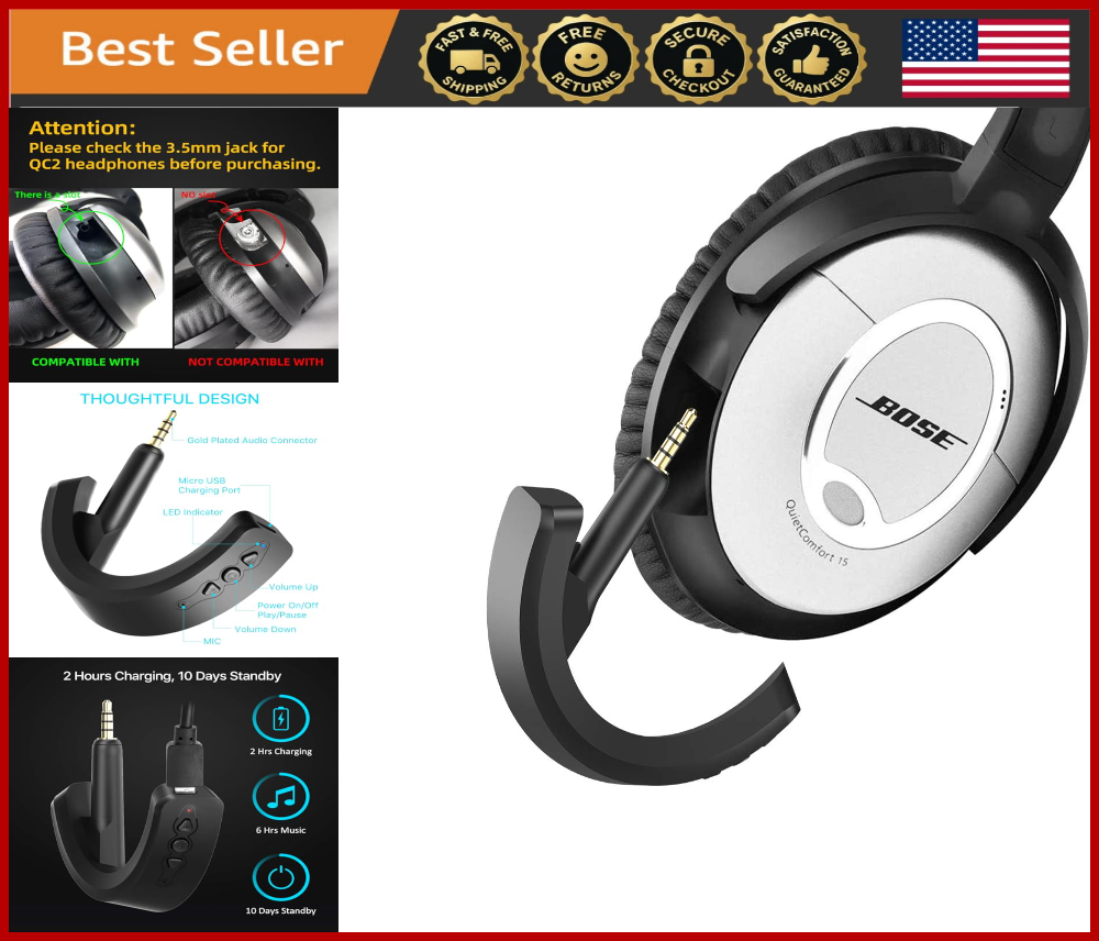 Bluetooth 5.0 Adapter for Bose QC15 with Mic and Volume Control
