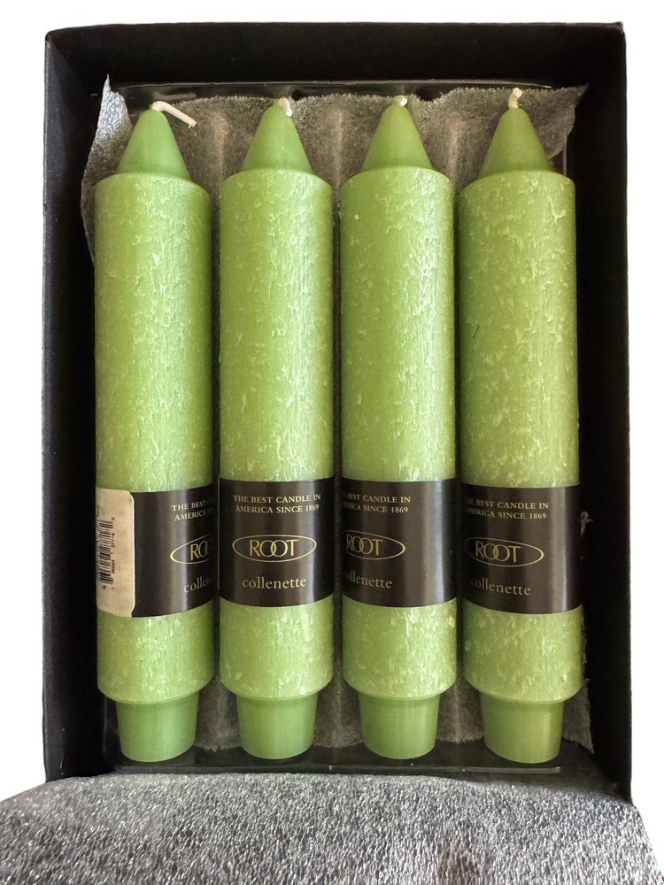 4 Root Collenette 1.25x7'' Unscented Pistachio Green Candles, 3 Boxes Available