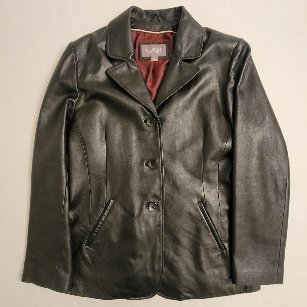 Wilsons Genuine Leather Jacket Womens Large Black Three Button Up Notch Collar