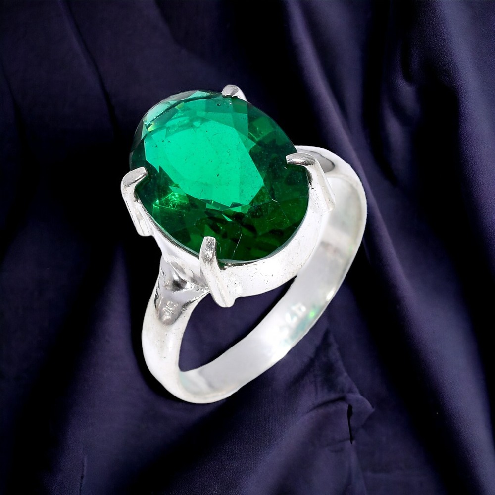 Emerald Statement Ring for Her in 925 Silver Size 7.5 Birthday Gift