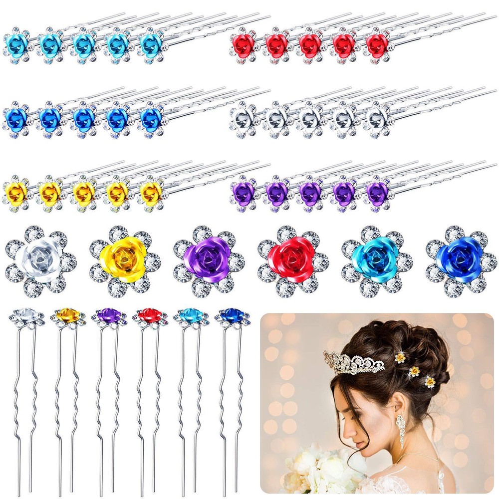 30pcs Rhinestone Rose Crystal U-Shaped Wedding Hair Clips