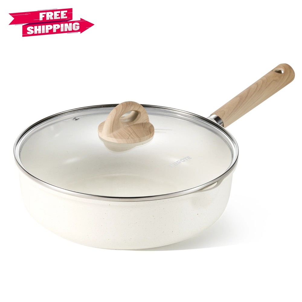 Carote 11-Inch Nonstick Frying Pan with Lid Induction Safe White Granite