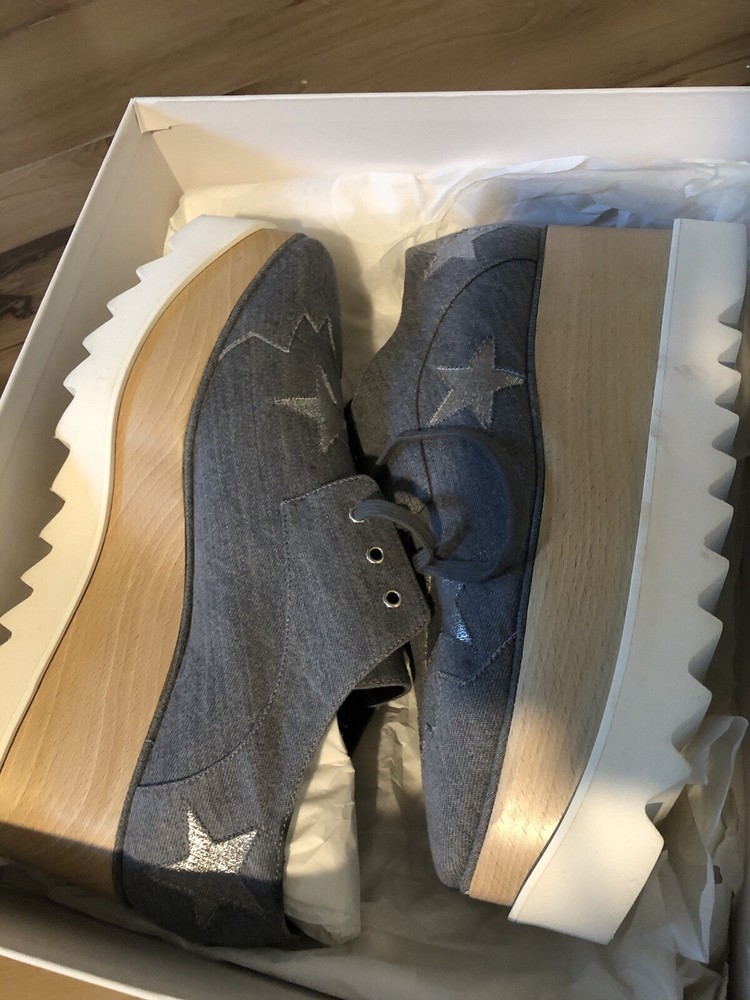 Stella McCartney Light Blue Denim Fabric Elyse Stars Platform Lace Up sneaker’s