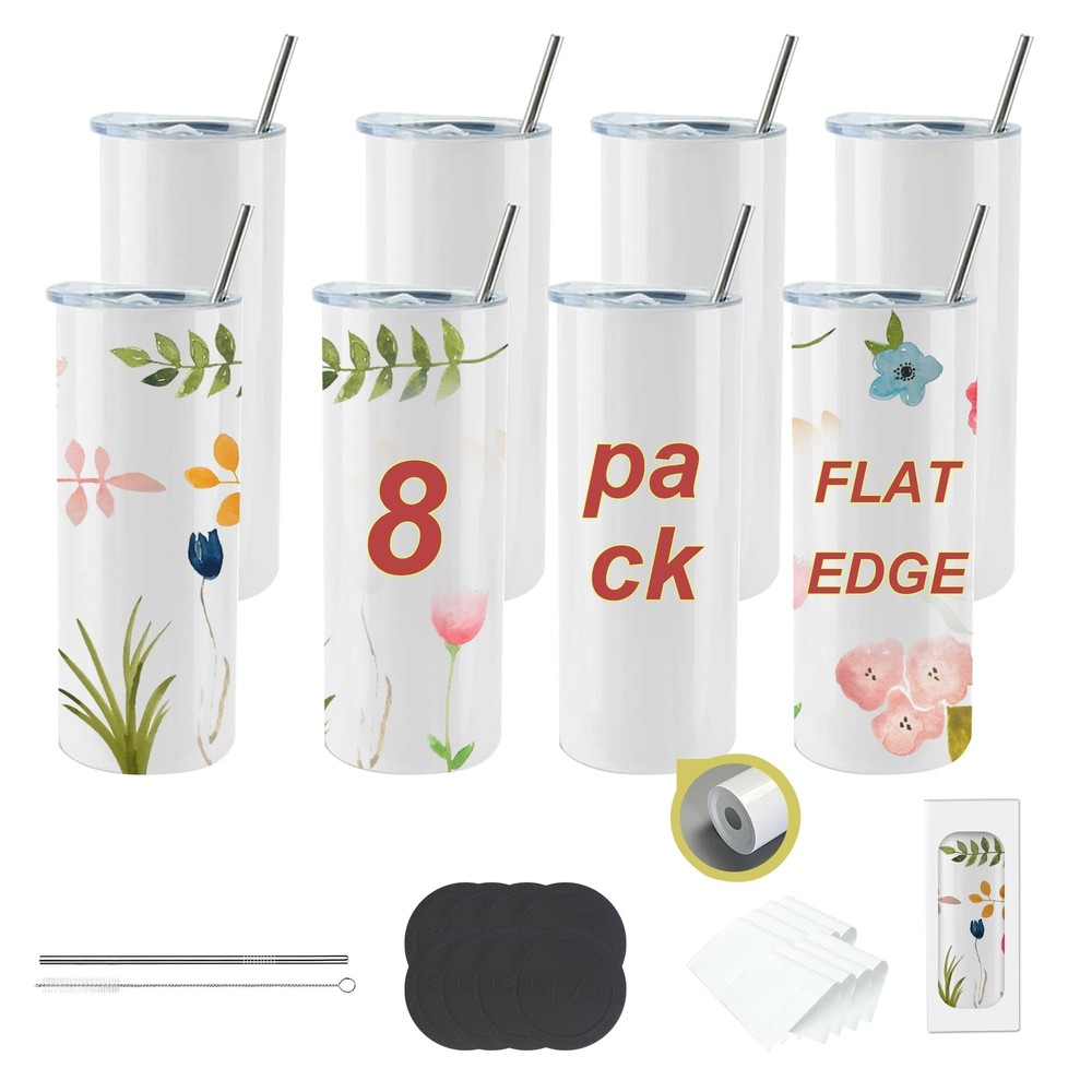 8pack 20oz flat edge sublimation tumblers ，White skinny insulated Sublimation...