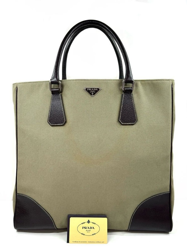RARE PRADA Khaki Brown Leather & Canvas Triangle Logo Tote Bag Handbag