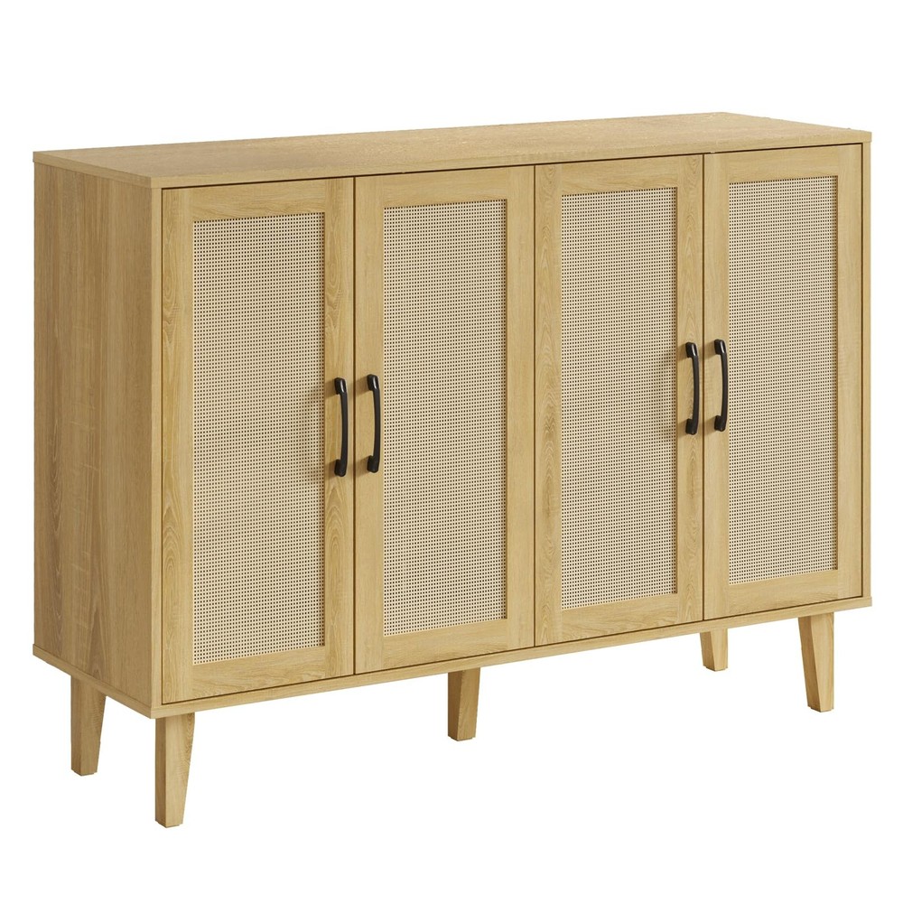 Kopuity 4-Door Storage Cabinet with Rattan Trim Sideboard Buffet