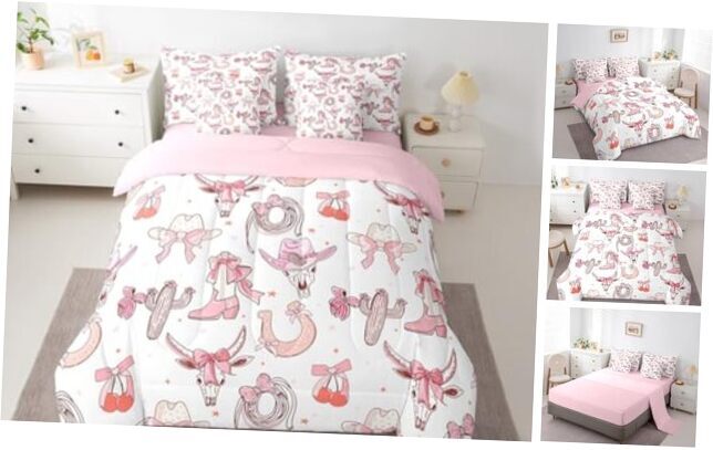 Western Cowgirl Bed Set in a Bag 7 Pcs,Princess Pink Full Baby Pink White