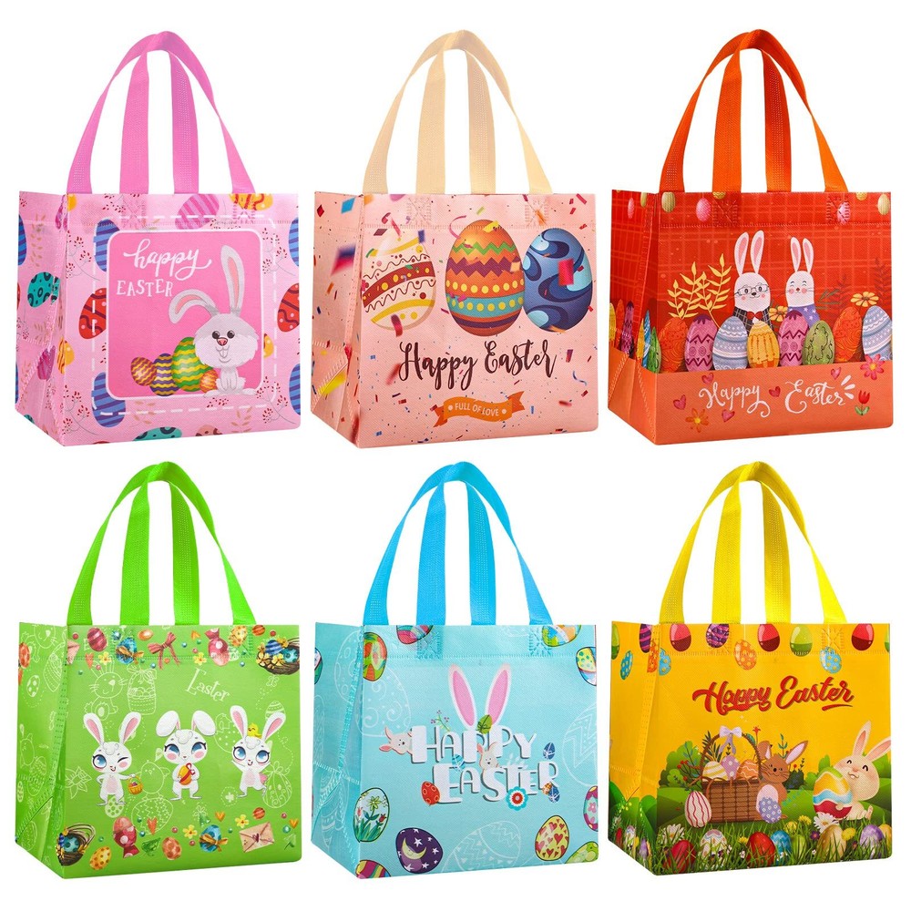 6pcs Easter Tote Bag, Reusable Non-Wove Easter Bags Easter Egg Hunt Bags with...