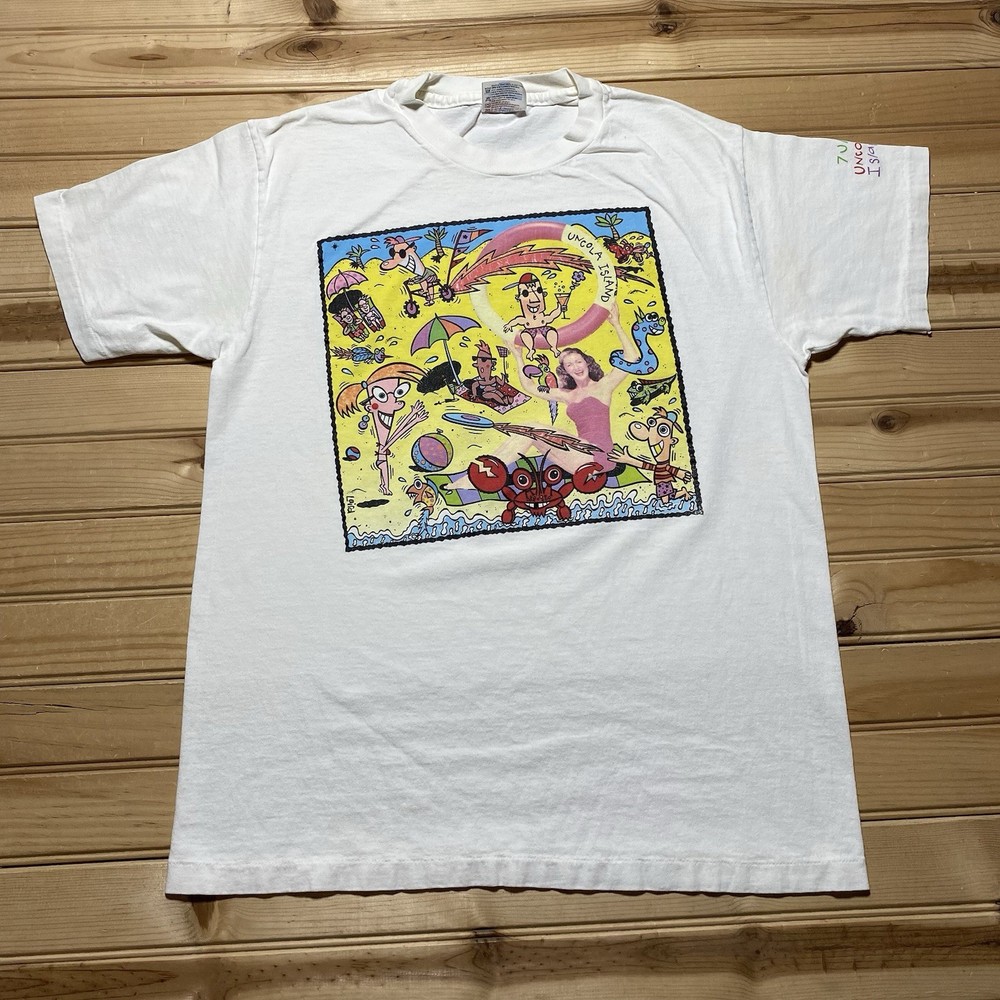 Vintage 90s Uncola Island 7up Promo Cartoon Surfing Beach Art Shirt - Medium