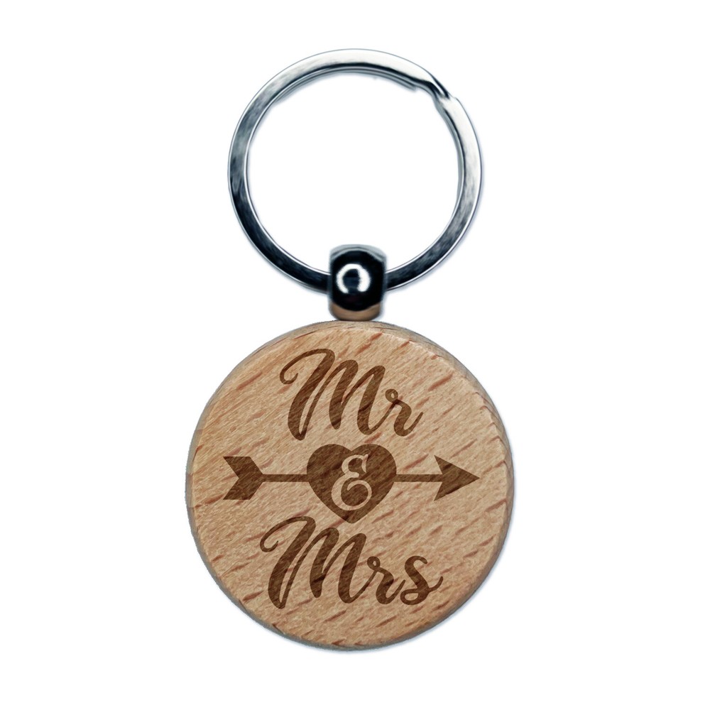 Mr & Mrs Heart Arrow Wooden Wedding Keychain Charm Engraved  