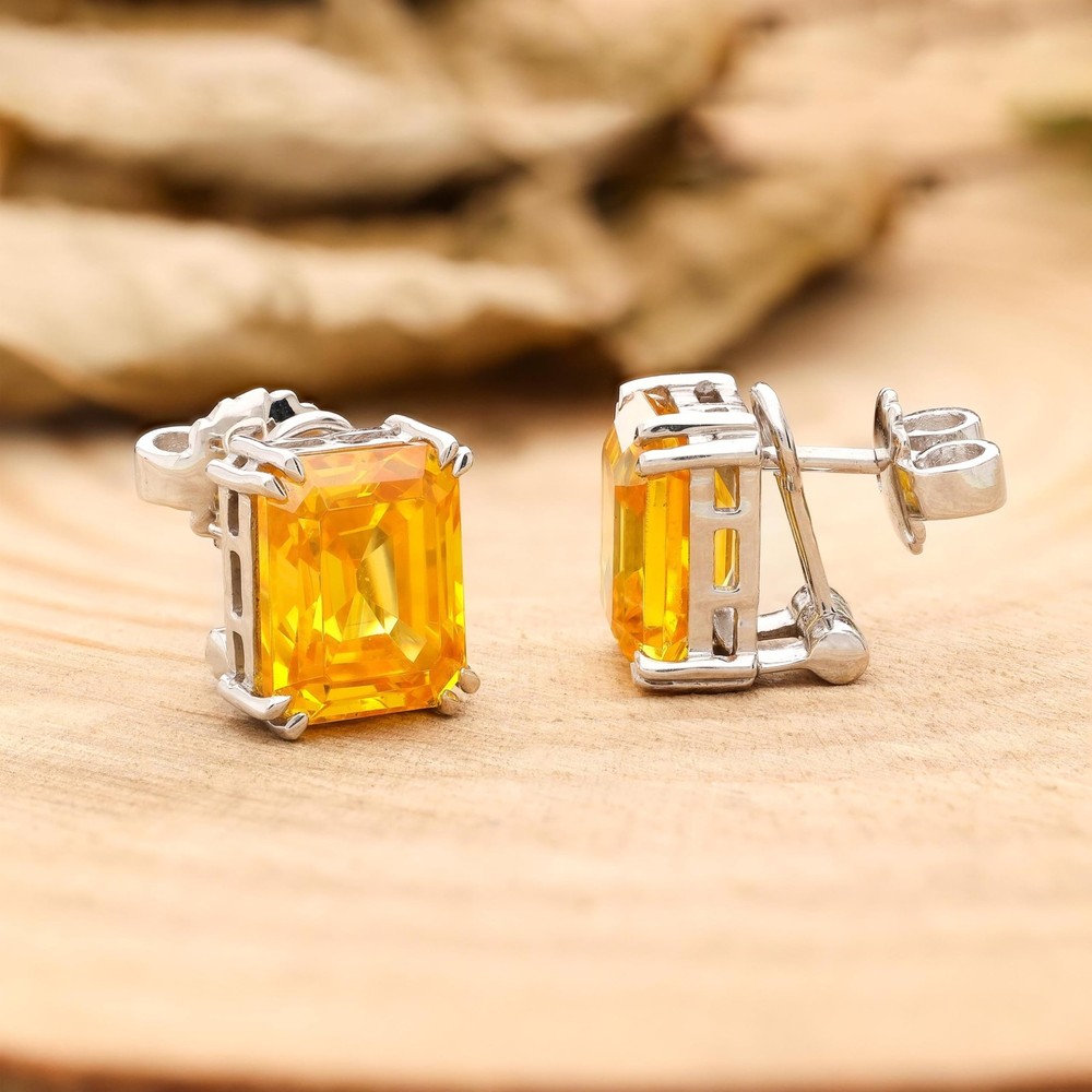 925 Sterling Silver Yellow CZ Emerald Cut Stud Earrings Jewelry Gift For Her