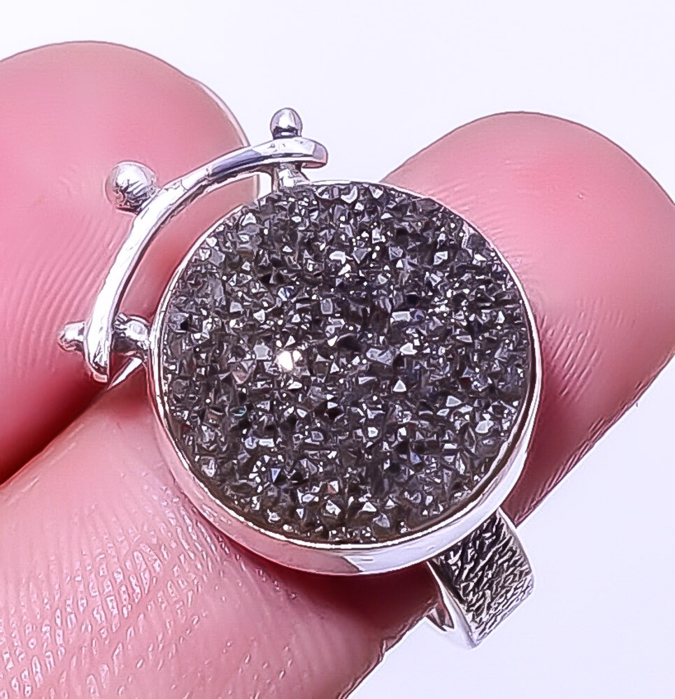 Titanium Carbon Agate Drusy Gemstone 925 Sterling Silver Ring Adst. (48) A346