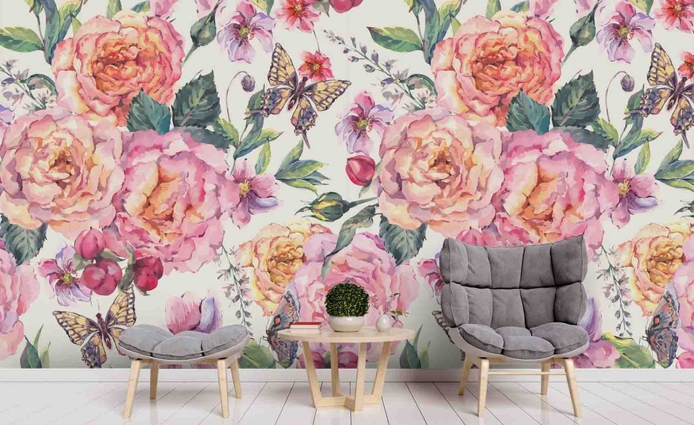 3D Flowers Butterflies Watercolor Wall Murals Wallpaper Murals Wall Sticker 2