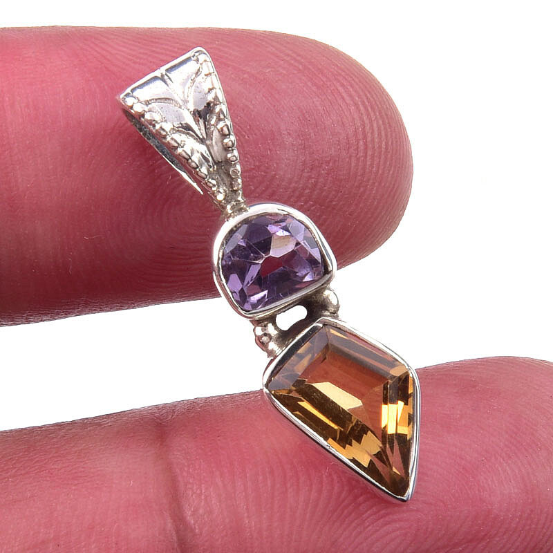 Natural Citrine Pink Amethyst Sterling Silver Jewelry Pendant 1 Inch