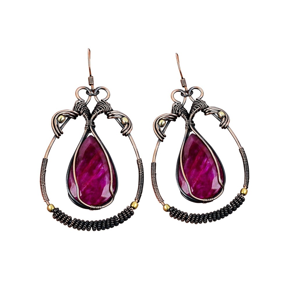 Kashmir Rubi Stone Copper Wire Wrapped Dangle Earrings Mother's Day Sale Jewelry-image