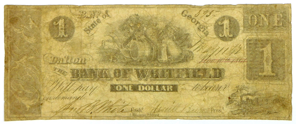 1861 $1 Bank of Whitfield - Dalton, Georgia Obsolete Note
