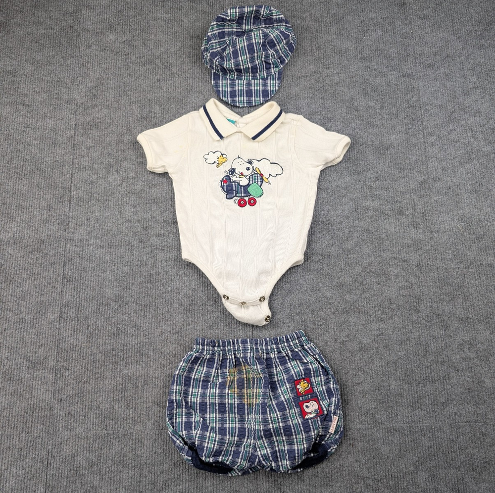 Vintage Snoopy Outfit Baby 3-6M Full Set Plaid Embroidered Hat One Piece Shorts