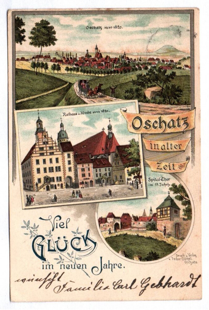 Litho Postcard Oschatz in Old Time Good Luck in New Year 1901-image