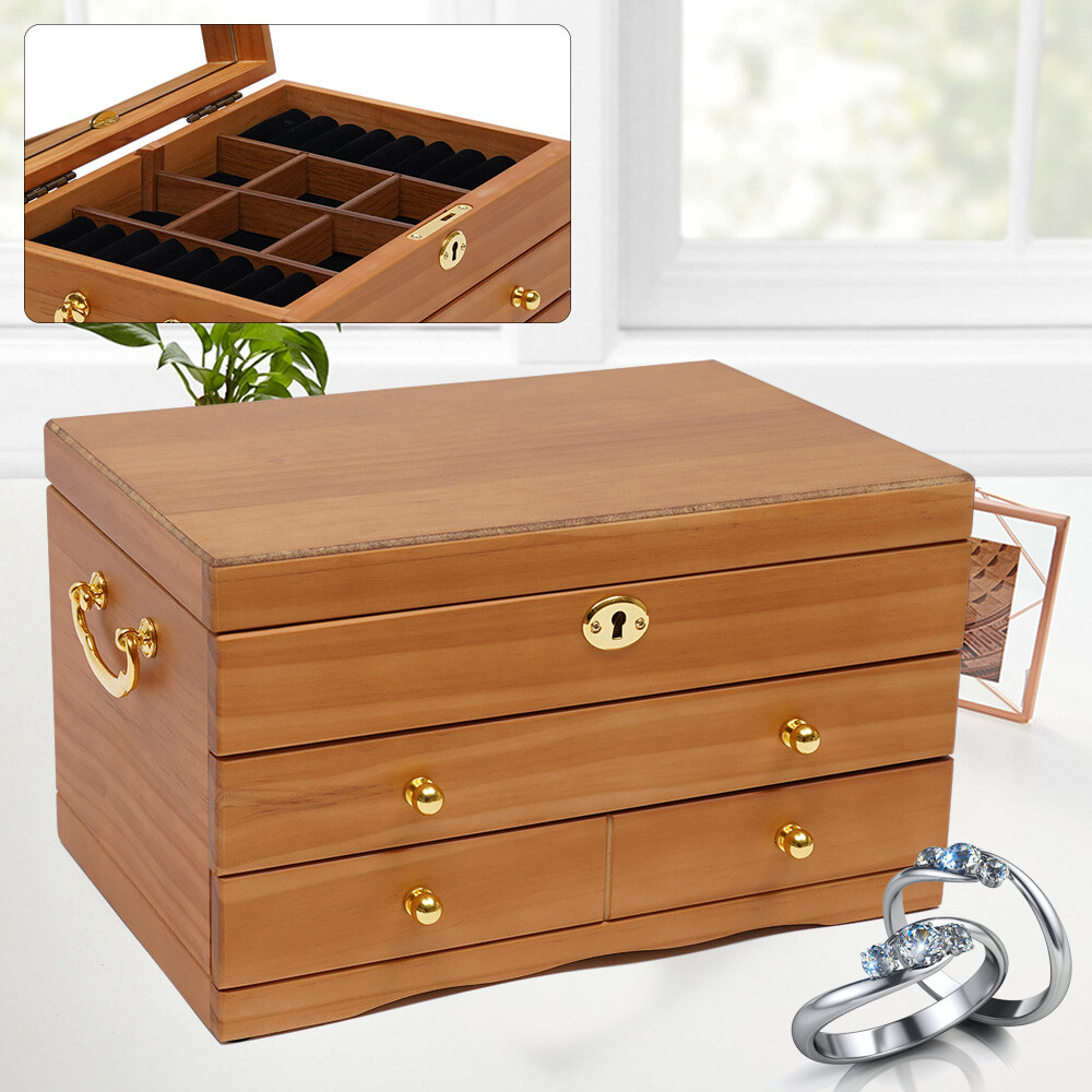 Large Wooden Jewelry Box W/ Safe Lock 3 Layers Retro Storage Organizer Gift New