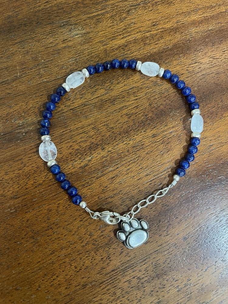 925 Sterling Dog Paw Charm Bracelet With blue & White Beads 8”/Clasp is .925 too