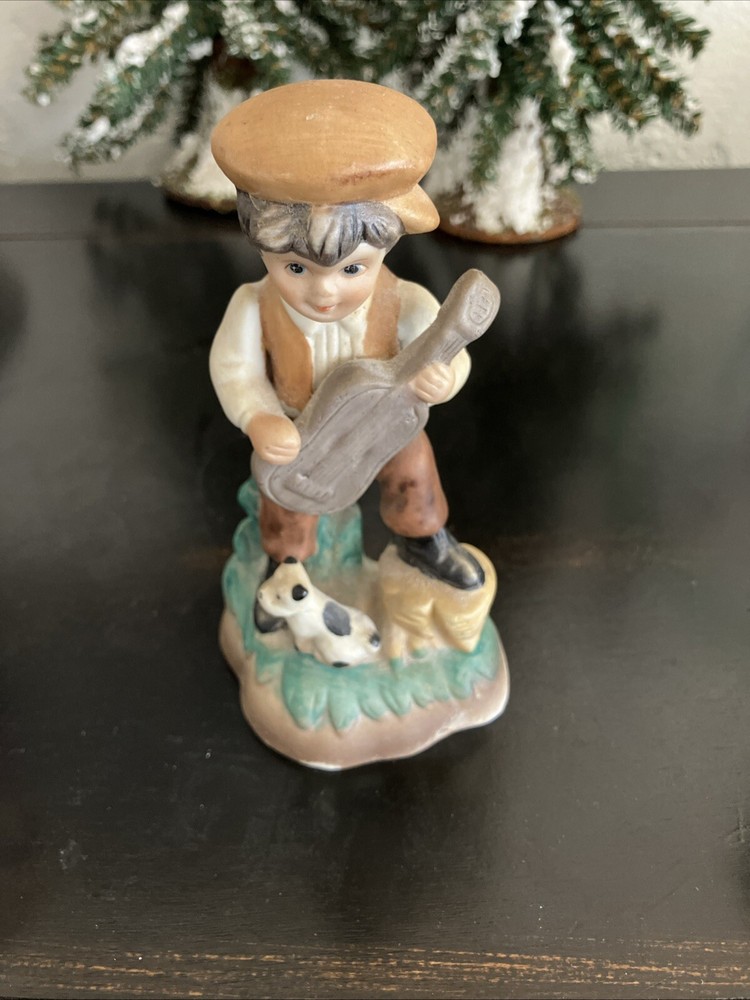Porcelain Bisque Musician Boy With Dog Figurine, 5”