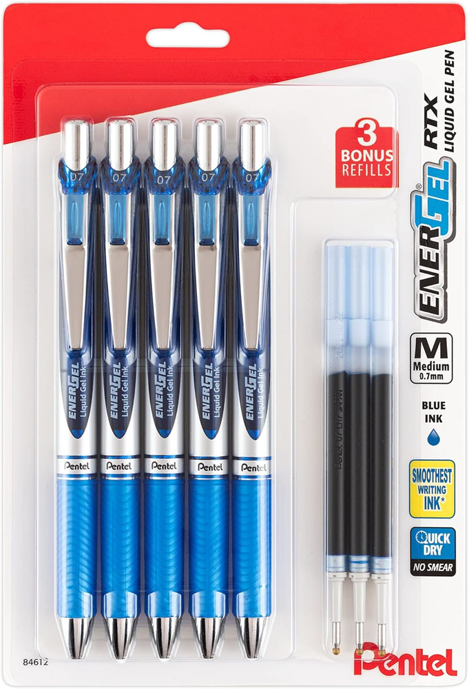 Pentel EnerGel 0.7mm Blue Gel Pens 5 Pack with 3 Refills