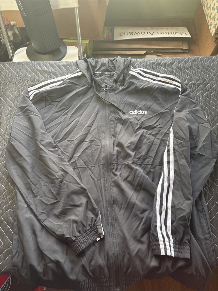 Adidas | Black | Mens | Striped Hooded Windbreaker Jacket | Large