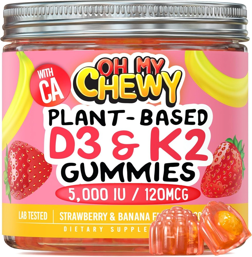 OH MY CHEWY Plant-Based Vit D3 & K2 Gummies - Strawberry Banana - 60 ct - 07/26